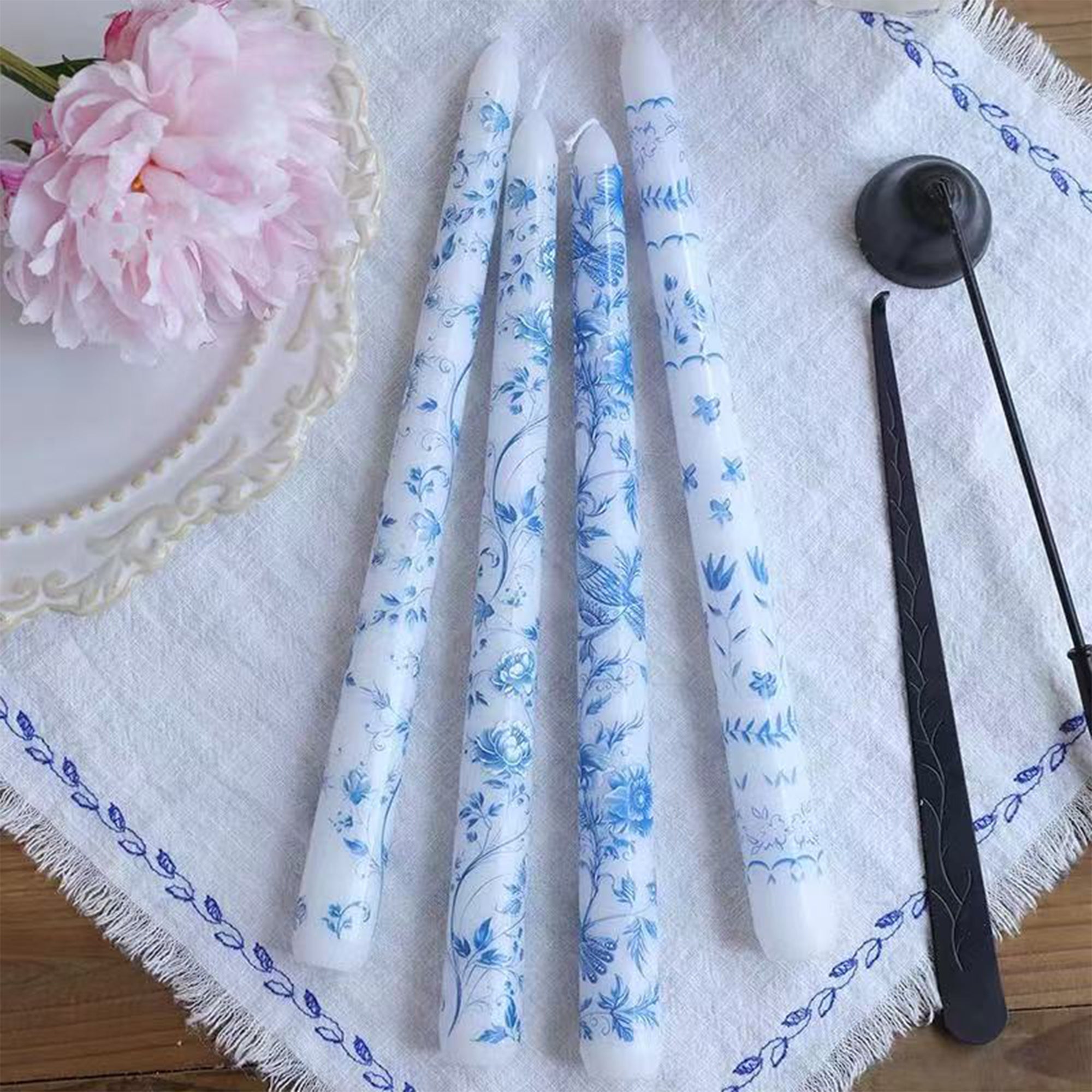 Blue Porcelain Taper Candle Set – 8pcs / 4 Designs