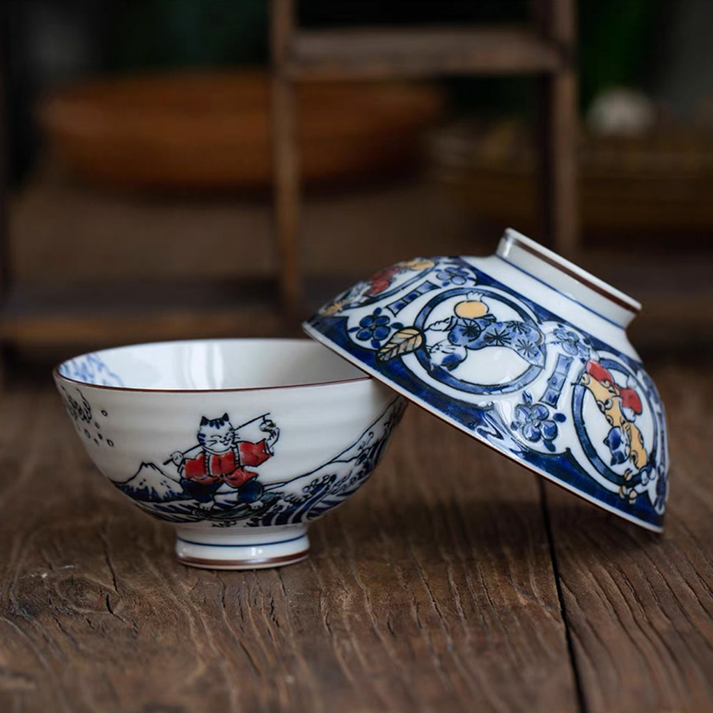 Playful Cat Patterned Blue Porcelain Bowl
