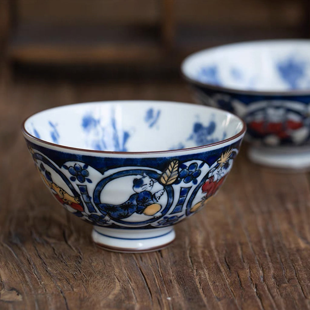 Playful Cat Patterned Blue Porcelain Bowl
