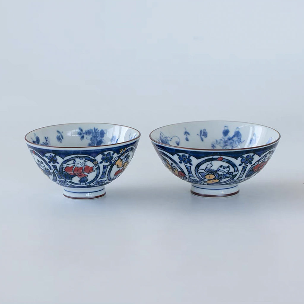 Playful Cat Patterned Blue Porcelain Bowl