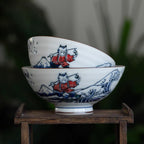 Playful Cat Patterned Blue Porcelain Bowl