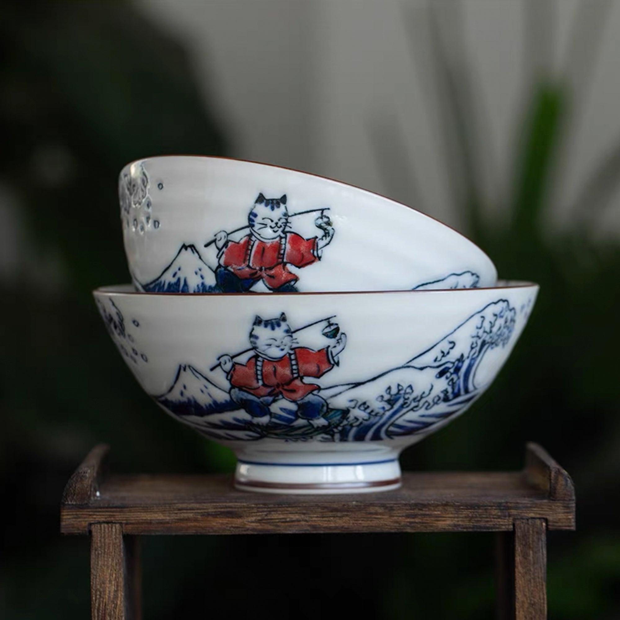 Playful Cat Patterned Blue Porcelain Bowl