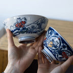 Playful Cat Patterned Blue Porcelain Bowl