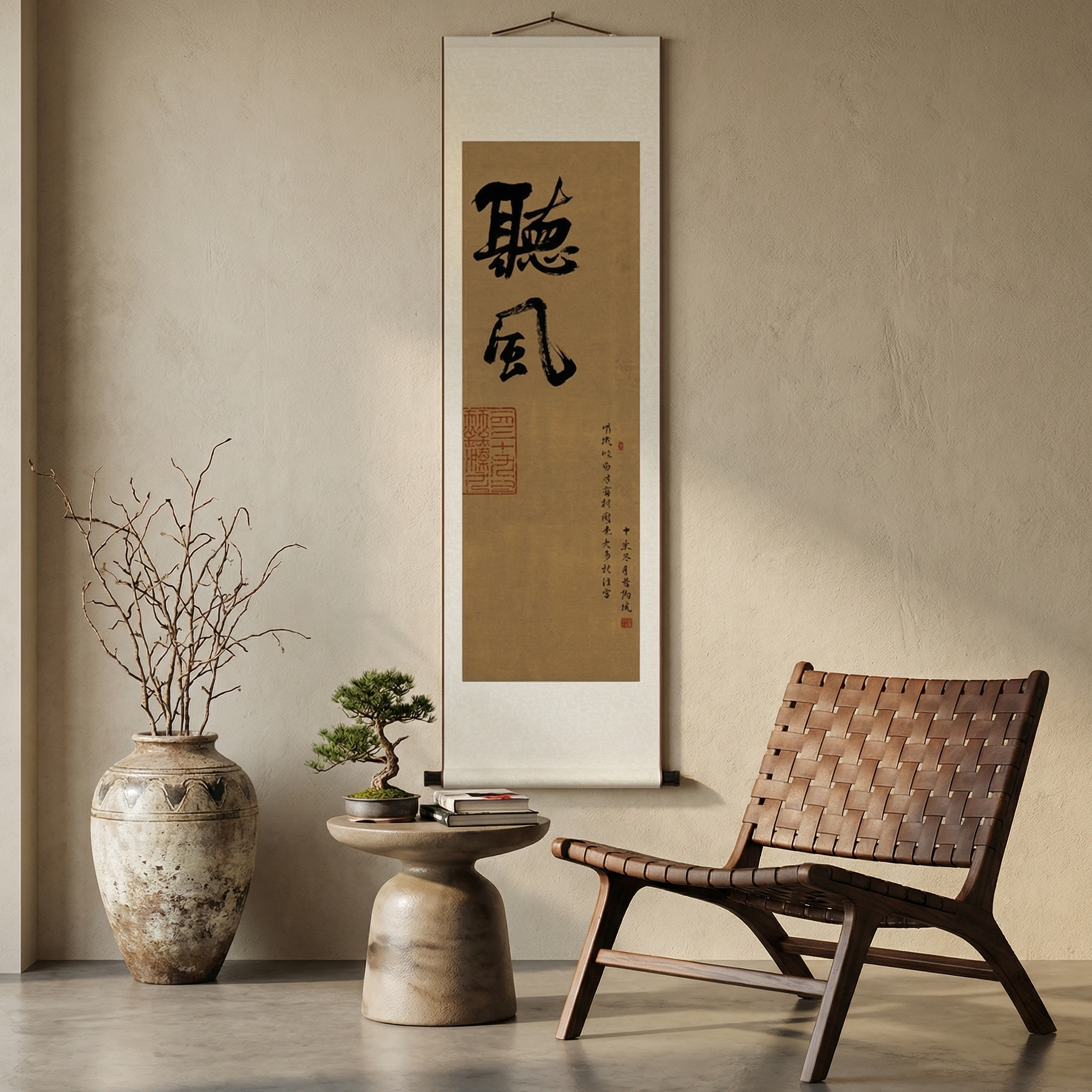 Zen Inspired Calligraphy Art Scroll - Original Hand-painted Wall Decor - Mountain and Sea