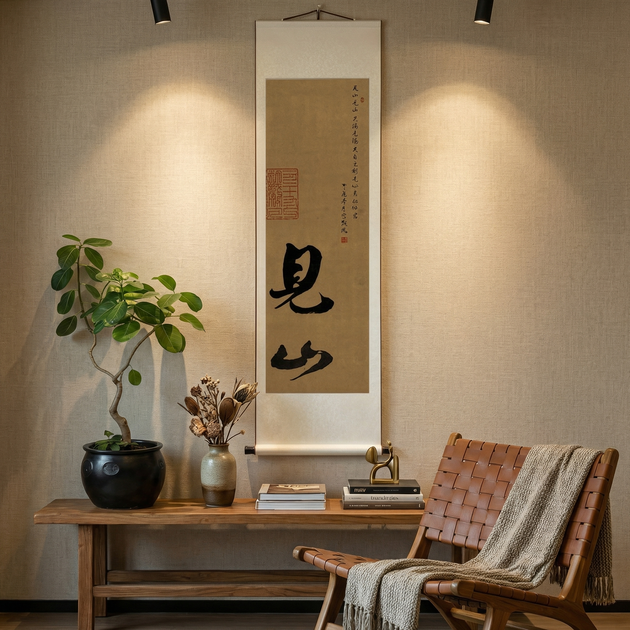 Zen Inspired Calligraphy Art Scroll - Original Hand-painted Wall Decor - Mountain and Sea