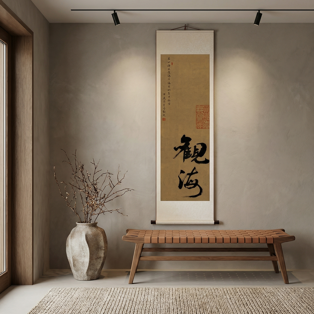 Zen Inspired Calligraphy Art Scroll - Original Hand-painted Wall Decor - Mountain and Sea