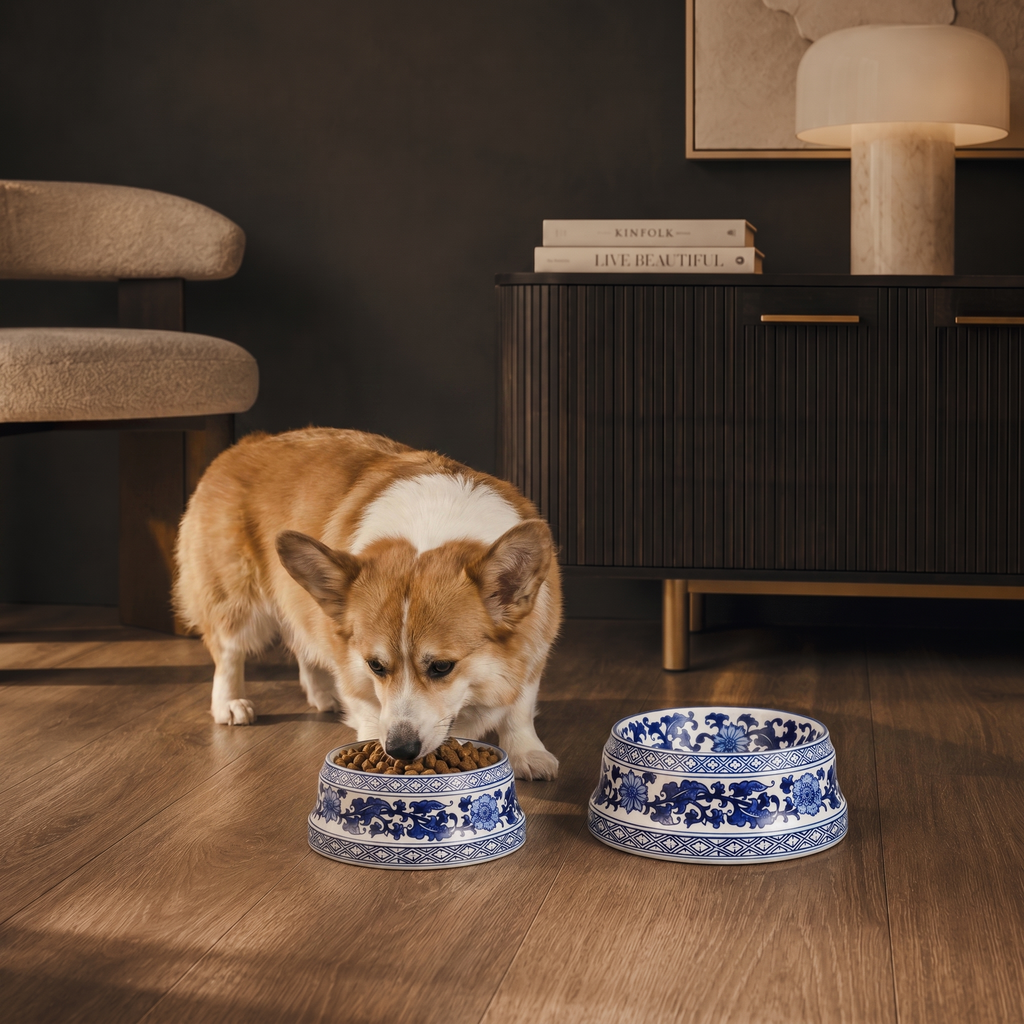 Glazy Blue and White Hand Painted Porcelain Cat/Dog Pet Bowl