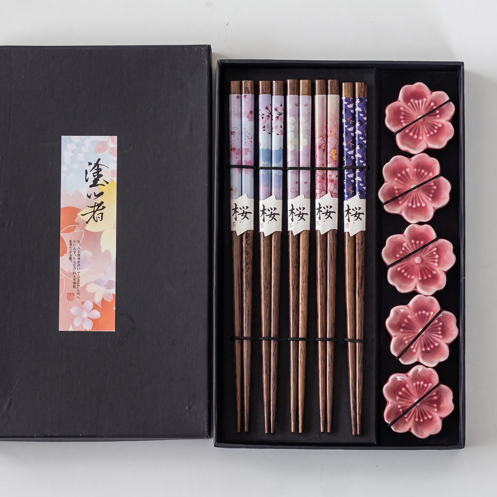 Sakura Blossom 5-Pair Chopstick Set with Ceramic Rests