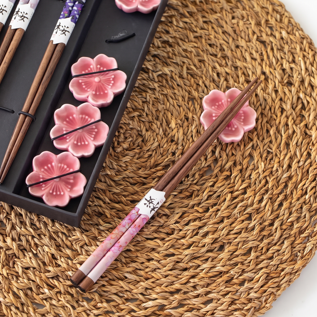 Sakura Blossom 5-Pair Chopstick Set with Ceramic Rests