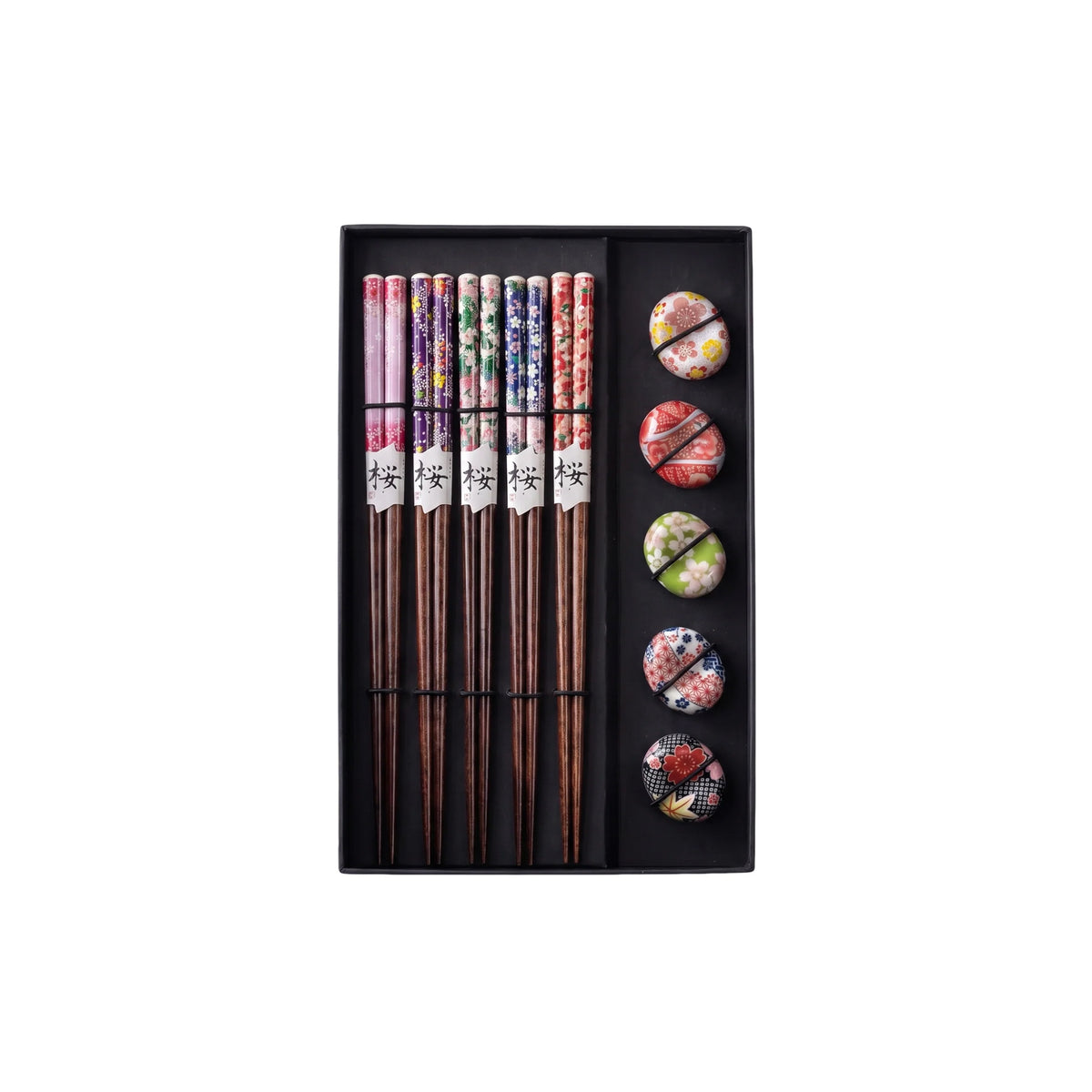 Mosaic Floral 5-Pair Chopstick Set with Ceramic Rests