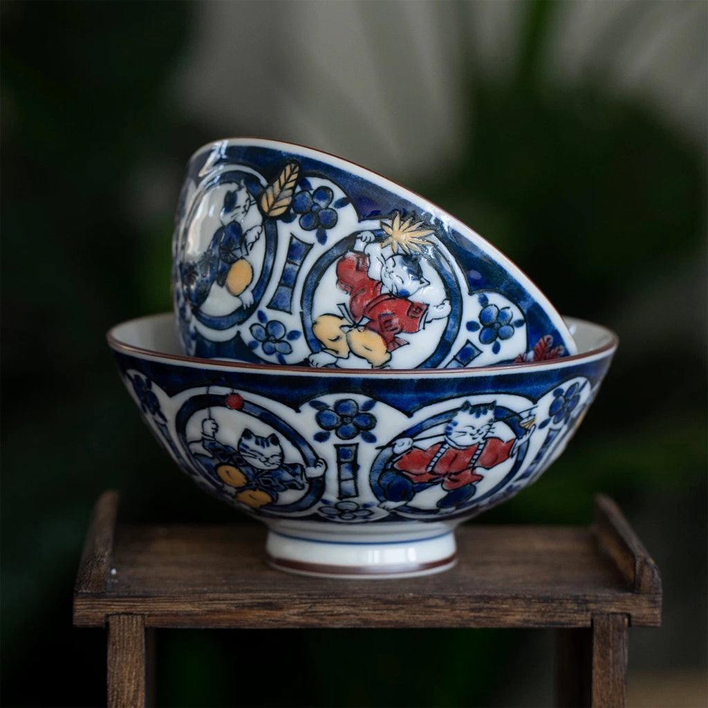 Playful Cat Patterned Blue Porcelain Bowl