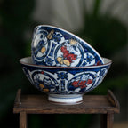 Playful Cat Patterned Blue Porcelain Bowl