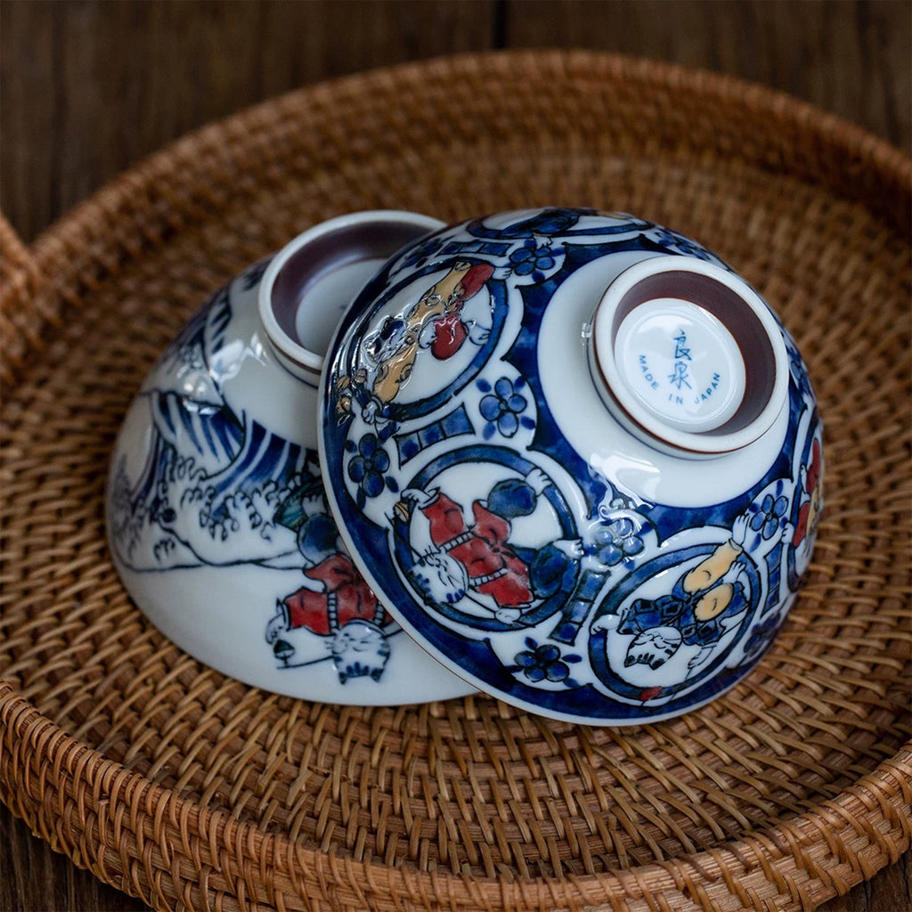 Playful Cat Patterned Blue Porcelain Bowl