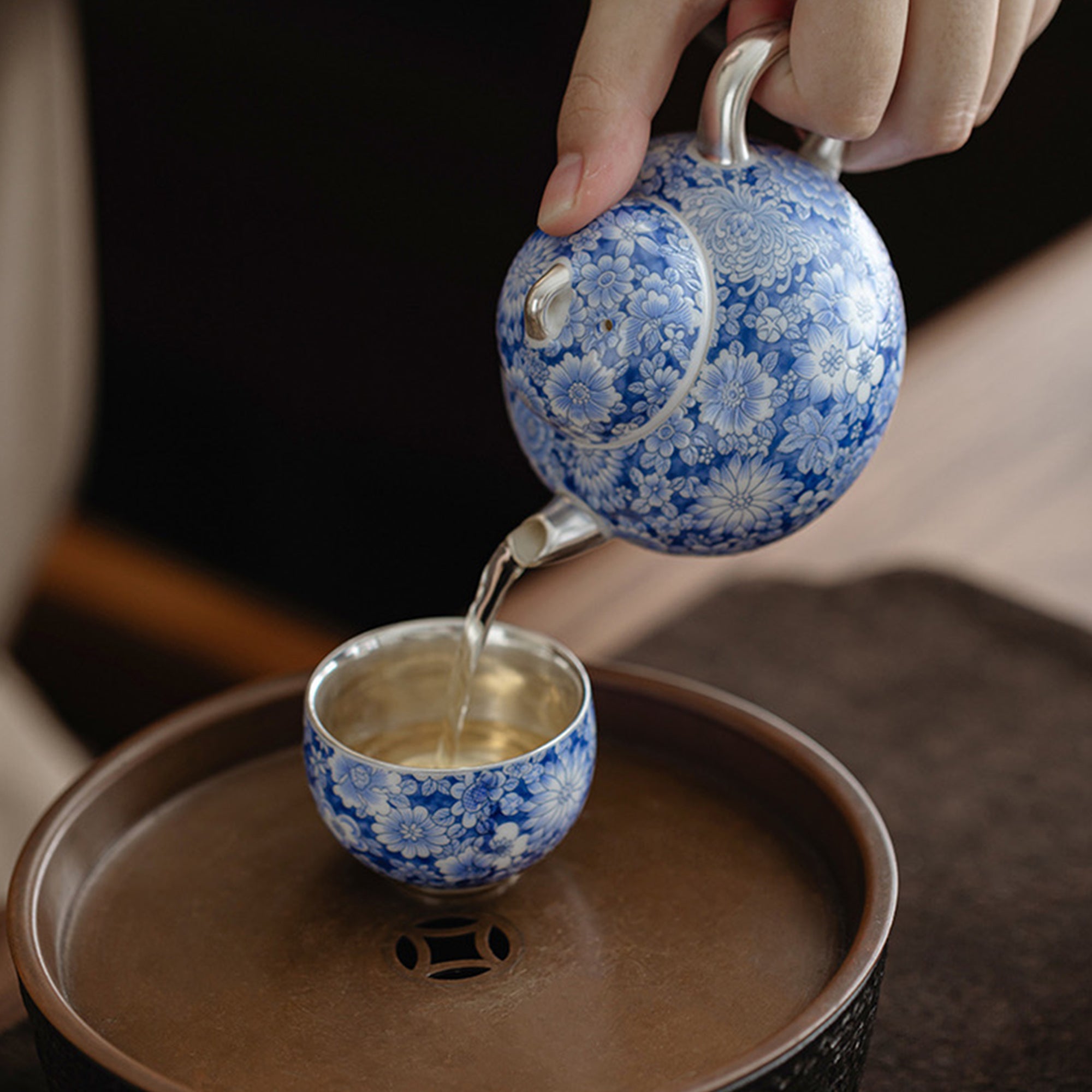 Blue and White Silver-Gilded Tea Set