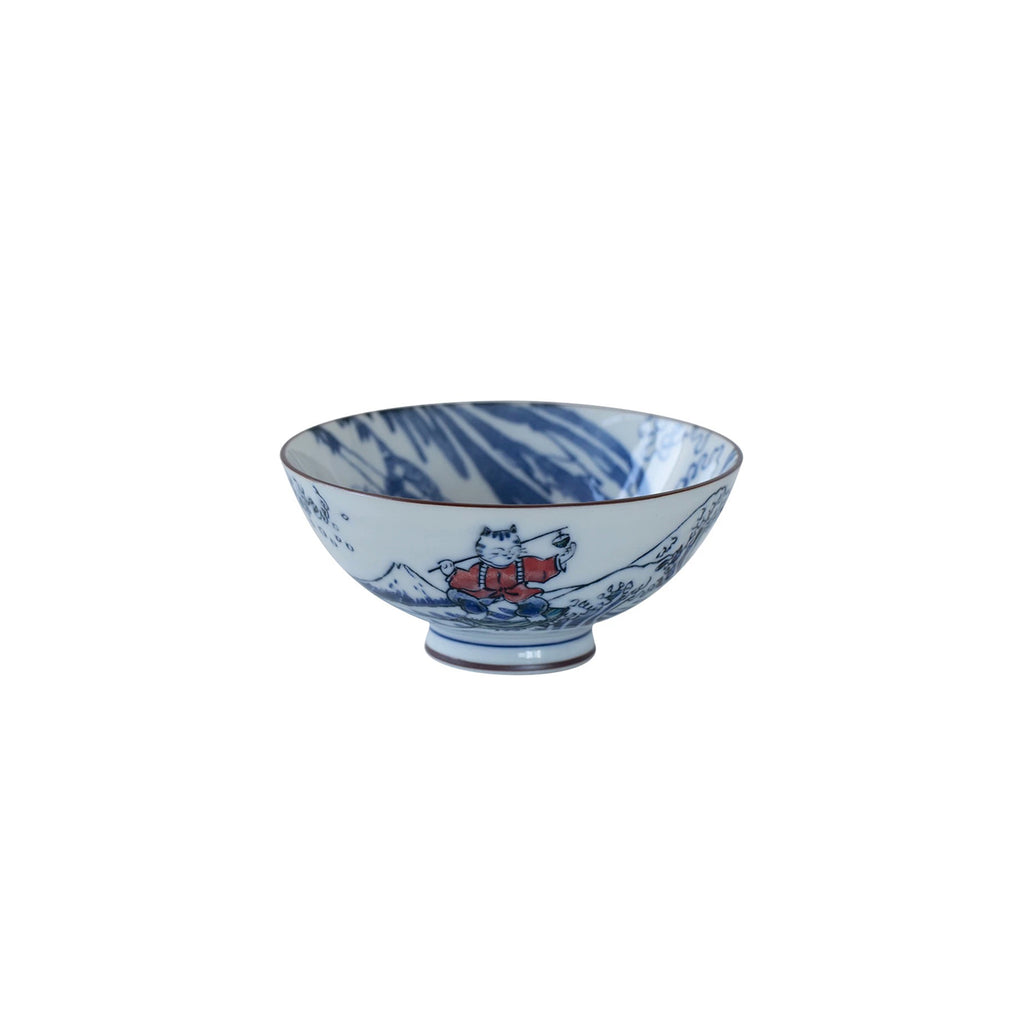 Playful Cat Patterned Blue Porcelain Bowl