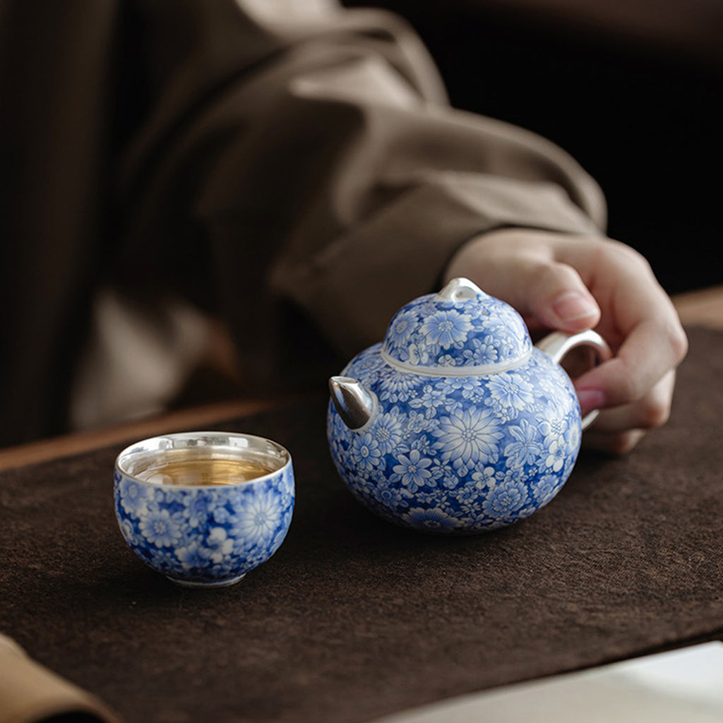 Blue and White Silver-Gilded Tea Set