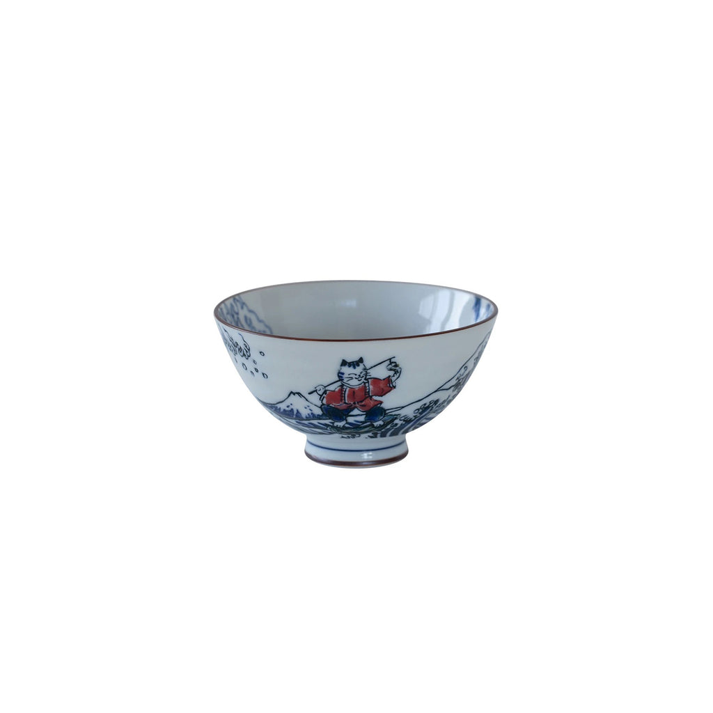 Playful Cat Patterned Blue Porcelain Bowl