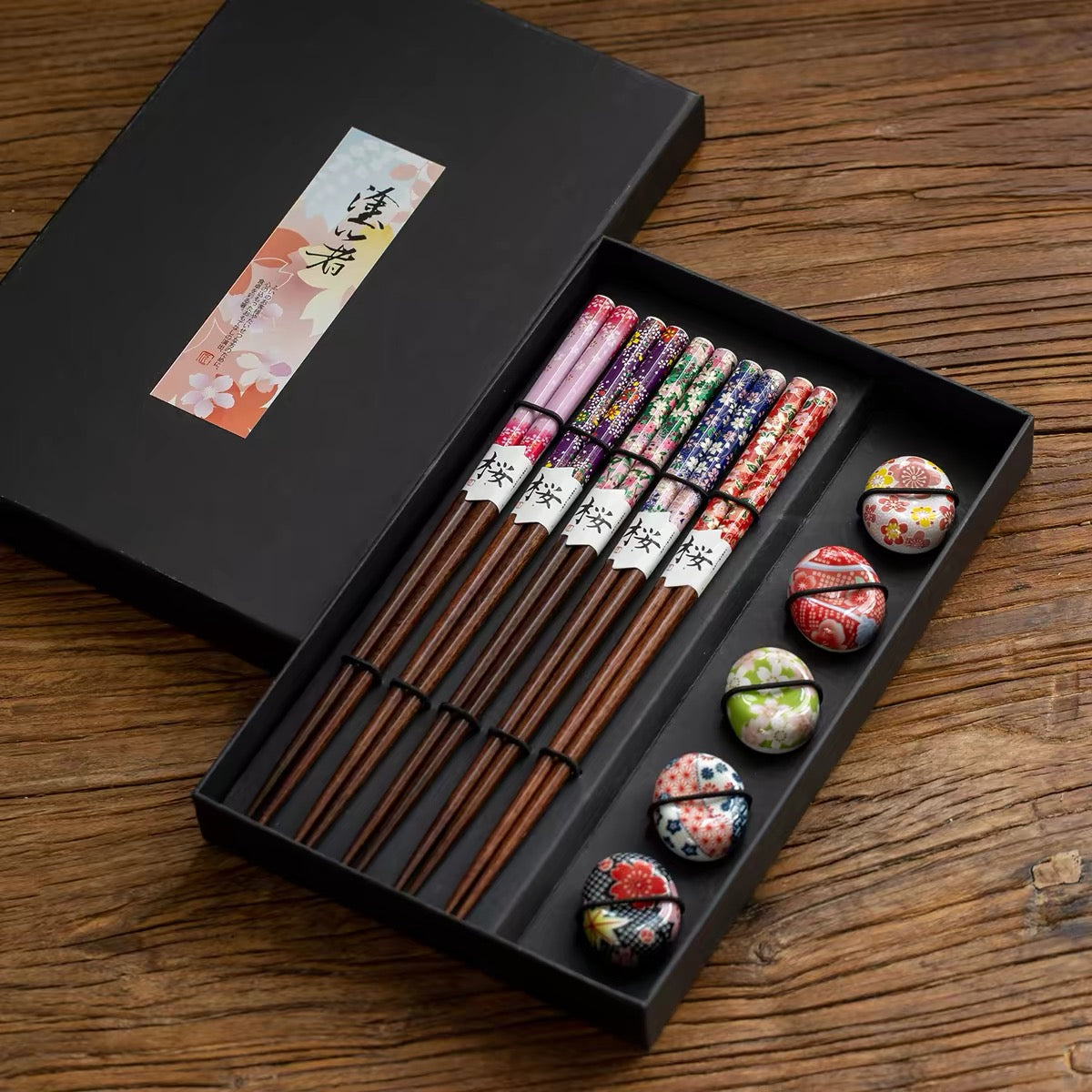 Mosaic Floral 5-Pair Chopstick Set with Ceramic Rests