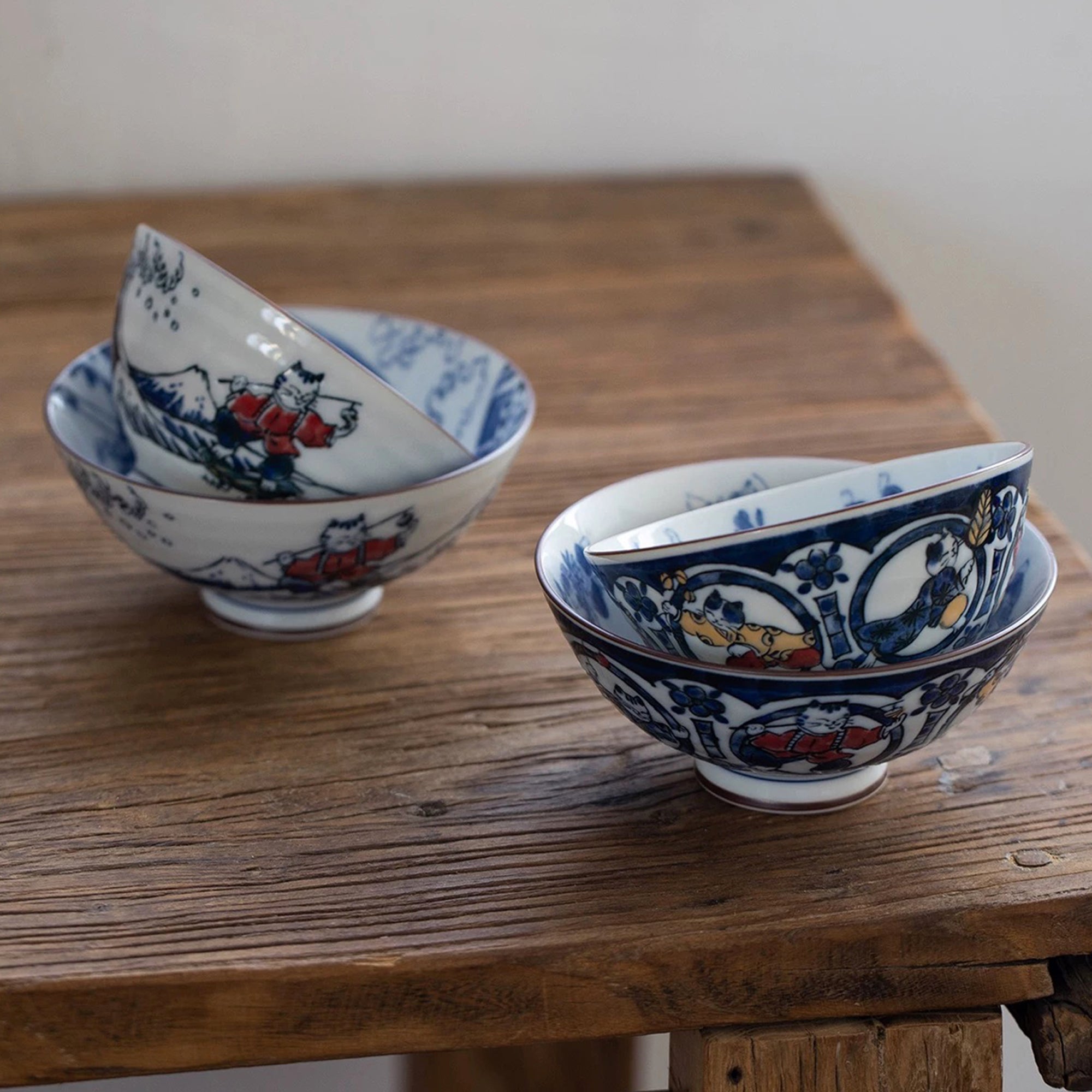Playful Cat Patterned Blue Porcelain Bowl